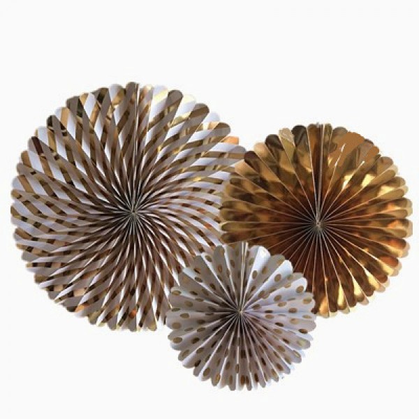 15" Paper Lanterns Decorative Hanging Fan Set 'Gold/White Foil' (3 pieces)